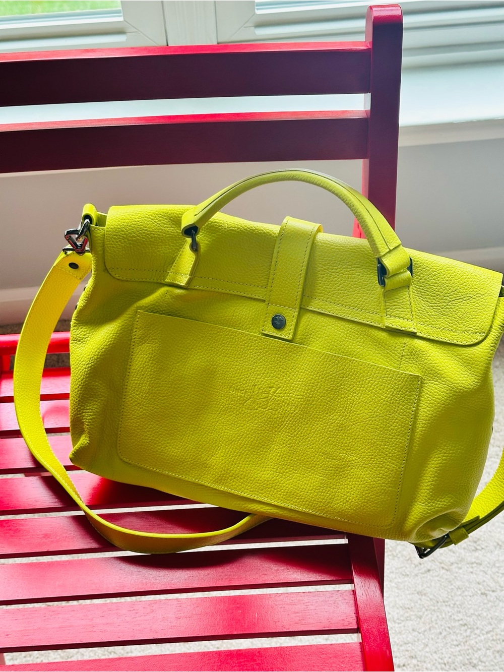 New John Fluevog Lime Green Grain Leather Satchel Handbag -Slouchy - Picture 3 of 9